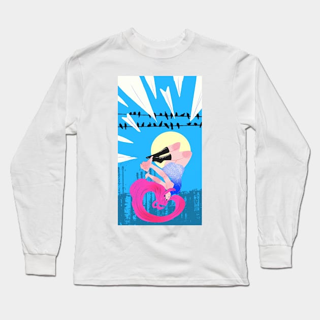 Paper plane beautiful woman upside down moon town and bird Long Sleeve T-Shirt by meisanmui